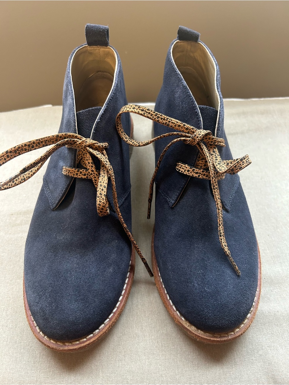 Boden Navy Suede Ankle Booties with Brown Contrast Laces